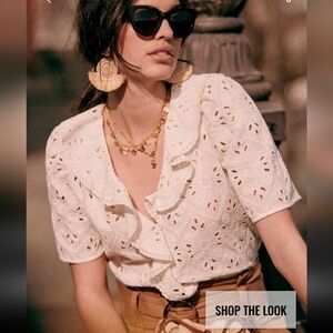 Sezane Irene Organic Cotton Embroidered Short Sleeve Blouse